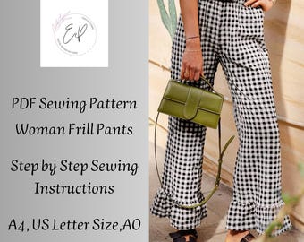 Woman Frill Pants Sewing Pattern: Easy Beginner PDF (Instant Download)