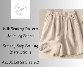 Wide Leg Woman Shorts Sewing pattern, Woman PDF sewing printable pattern, Large sizes patterns, Easy to make, Instant Download.
