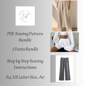May include: A digital sewing pattern bundle for three different pants styles. The image shows three different pairs of pants in beige, white, and gray. The text on the image reads "PDF Sewing Pattern Bundle, 3 Pants Bundle, Step by Step Sewing Instructions, A4, US Letter Size, Ao."