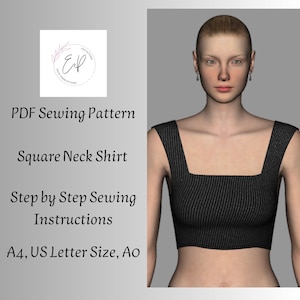 Può includere: Un'illustrazione digitale di una donna che indossa una camicia nera con scollo quadrato. Il testo "PDF Sewing Pattern Square Neck Shirt Step by Step Sewing Instructions A4, US Letter Size, Ao" è visualizzato sotto l'immagine.