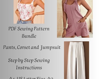 Wide Leg Pants, Corset and Jumpsuit patterns Bundle, Woman PDF sewing printable pattern, Plus sizes patterns, Sewing Pattern, Dress Pattern.