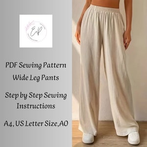 Wide Leg Woman Pants Sewing pattern, Woman PDF sewing printable pattern, Large sizes patterns, Easy to make, Instant Download.