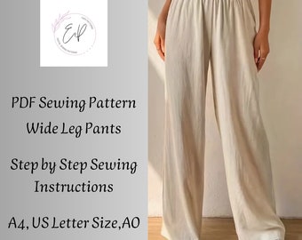 Wide Leg Woman Pants Sewing pattern, Woman PDF sewing printable pattern, Large sizes patterns, Easy to make, Instant Download.