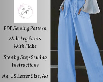 Wide Leg Woman Pants with Flake Sewing pattern, Woman PDF sewing printable pattern, Large sizes patterns, Easy to make, Instant Download.