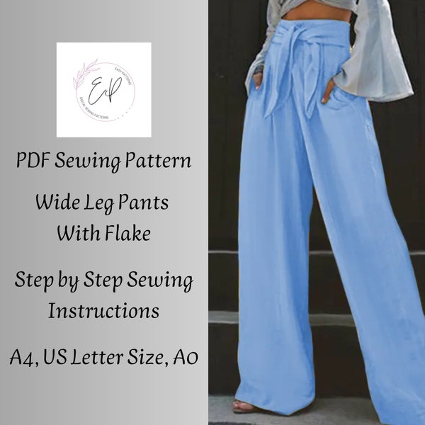 Wide Leg Woman Pants with Flake Sewing pattern, Woman PDF sewing printable pattern, Large sizes patterns, Easy to make, Instant Download.