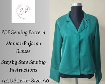 Woman Pajama Blouse Sewing pattern,Woman PDF sewing printable pattern, Shirt Sewing Pattern,Large sizes,Pyjama Pattern.