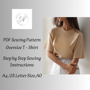 Patrón de costura camiseta mujer ancha,Patrón de costura PDF mujer imprimible, Patrón de costura camiseta oversize,Tallas grandes,Descarga instantánea.