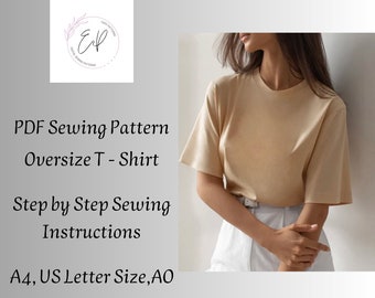 Patrón de costura camiseta mujer ancha,Patrón de costura PDF mujer imprimible, Patrón de costura camiseta oversize,Tallas grandes,Descarga instantánea.