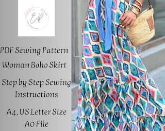 Modello di cucito per gonna lunga boho da donna: taglie forti (modello PDF)
