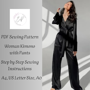 Könnte beinhalten: Ein PDF-Schnittmuster für ein Damen-Kimono und eine Hose. Das Schnittmuster enthält Schritt-für-Schritt-Anleitungen und ist in den Größen A4, US Letter und A0 erhältlich.