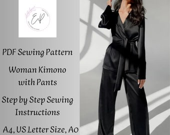 Wide Woman Pants and Kimono Sewing pattern,Woman PDF sewing printable pattern, Pants and Kimono Sewing Pattern,Large sizes,Instant Download.
