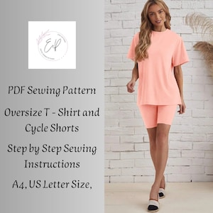 May include: A woman wearing a peach-colored oversized T-shirt and matching cycle shorts. The image includes text that reads "PDF Sewing Pattern, Oversize T-Shirt and Cycle Shorts, Step by Step Sewing Instructions, A4, US Letter Size."