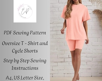 Wijd dames-T-shirt en fietsbroek Naaipatroon, afdrukbaar pdf-patroon voor naaien, patroon oversized T-shirt, grote maten, direct downloaden.