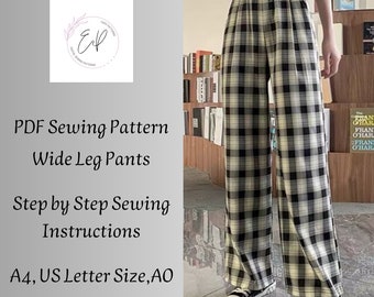 May include: A PDF sewing pattern for wide leg pants. The pattern includes step-by-step instructions and is available in A4 and US Letter sizes. The image shows a model wearing the pants, which are black and white plaid.