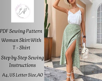 Woman Long Skirt and T Shirt Sewing pattern, Woman PDF sewing printable pattern, Plus sizes patterns, Sewing Pattern, Skirt Pattern.