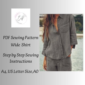 Puede incluir: Un patrón de costura PDF para una camisa ancha. El patrón incluye instrucciones paso a paso y está disponible en tamaños A4, US Letter y AO.