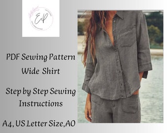 Wide Woman Shirt Sewing pattern,Woman PDF sewing printable pattern, Boho Sewing Pattern,Large sizes,Instant Download.