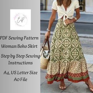 Op de afbeelding: Een PDF-naai-patroon voor een boho-rok. Het patroon bevat stap-voor-stap instructies en is beschikbaar in A4 en US Letter formaten. Het patroon is voor een lange rok met een geometrische print in groen, beige en rood.