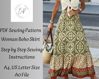 Vrouw lange rok naaipatroon, vrouw PDF naaipatroon, plus maten patronen, naaipatroon, rokpatroon, lange rokpatroon.