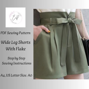 Wide Leg Woman Shorts with Flake Sewing pattern, Woman PDF sewing printable pattern, Large sizes patterns, Easy to make, Instant Download.