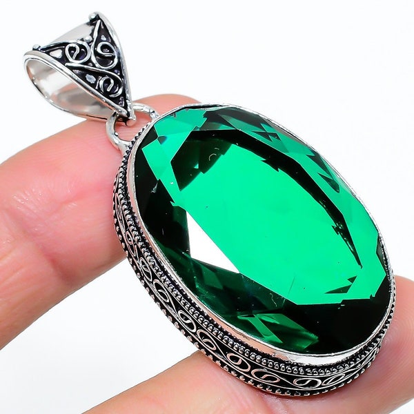 Pendentif En Argent 925 Avec Saphir Naturel Bleu Et Chromé Diopside - Design Fleur, Taille 48x57 Mm, Neuf
