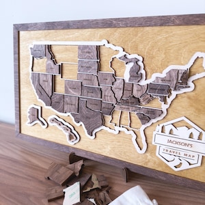 Carte puzzle en bois, carte de voyage personnalisée, carte de voyage des États-Unis, carte des États en bois, tracker de voyage, carte des États-Unis en bois avec 50 États, cadeau de Noël