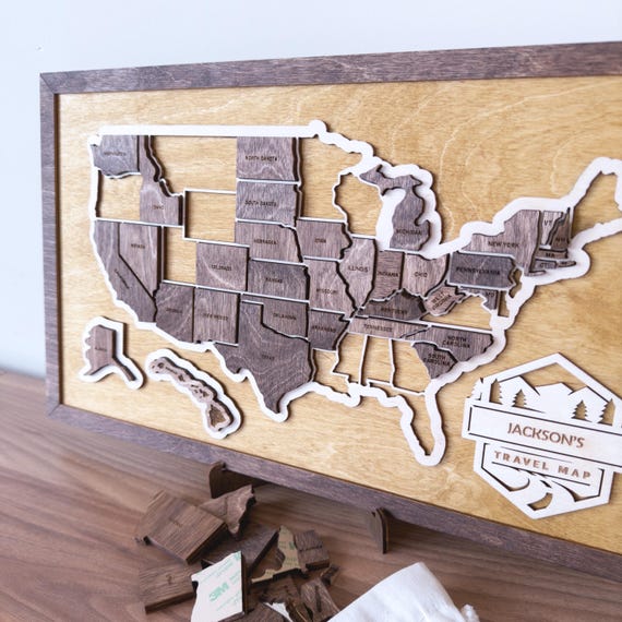 Wooden Puzzle Map, Personalized Travel Map, USA Travel Map, Wooden States Map, Travel Tracker, Wooden USA map with 50 states, Gift for Dad