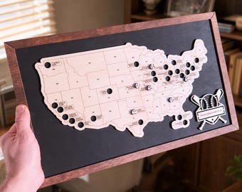 Personalized Wooden MLB Stadium Map, Baseball Ballpark Travel Tracker, Custom Man Cave Wall Decor
