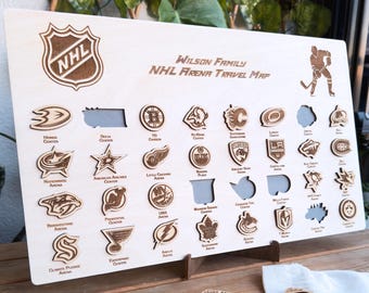 NHL Arena Tracker Board, NHL Arena Travel Map, Personalized Wooden Stadium Tracker with 32 Team Logos, Wooden National Hockey League Puzzle