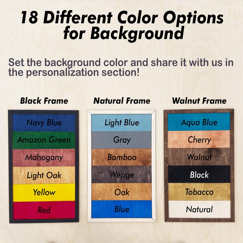 May include: Three wood frames with different colored backgrounds. The frames are labeled "Black Frame", "Natural Frame", and "Walnut Frame". Each frame has eight different colored background options.