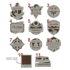 May include: Ten different wood-burned designs for personalized home decor. Each design features a unique theme, including anchors, mountains, compasses, and travel trailers. The designs are all in a rustic brown color and have a distressed look.