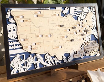 Personalized Wooden NHL Stadium Tracker Map - Ice Hockey Arena Travel Map - Unique Handmade Gift for Hockey Fans, Gift for Dads