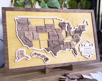 Family Road Trip Map, Wooden USA State Tracker with Removable Pieces, Retirement Gift