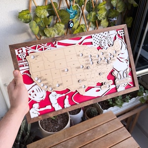 May include: A wooden map of the United States with baseball-themed cutouts. The map is red, white and blue and features the names of major league baseball stadiums. The text "JOHNSON FAMILY" is visible in the bottom right corner.