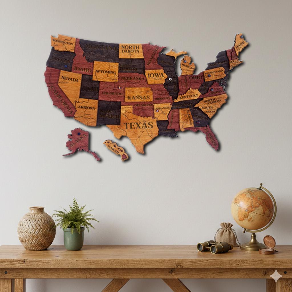 Handmade Layered Wooden USA Map - Rustic Wall Art - American States ...