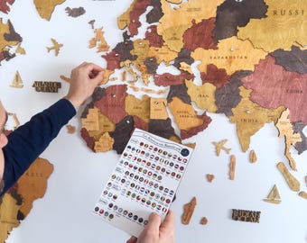 3D Wooden World Map Wall Art, Push Pin Adventures Map, Home Office Decoration, Perfect Anniversary Present for Couples, Gift for Travelers