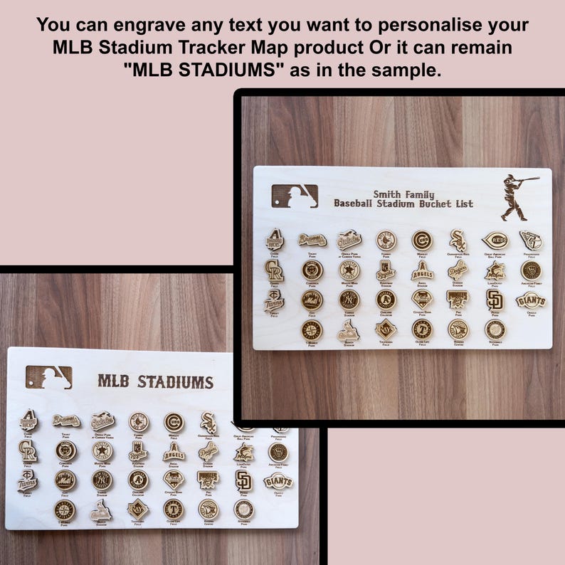 May include: A wooden board with a baseball theme. The board has a baseball logo and the text "MLB STADIUMS". There are 30 small baseball team logos on the board. The board is a baseball stadium tracker map.