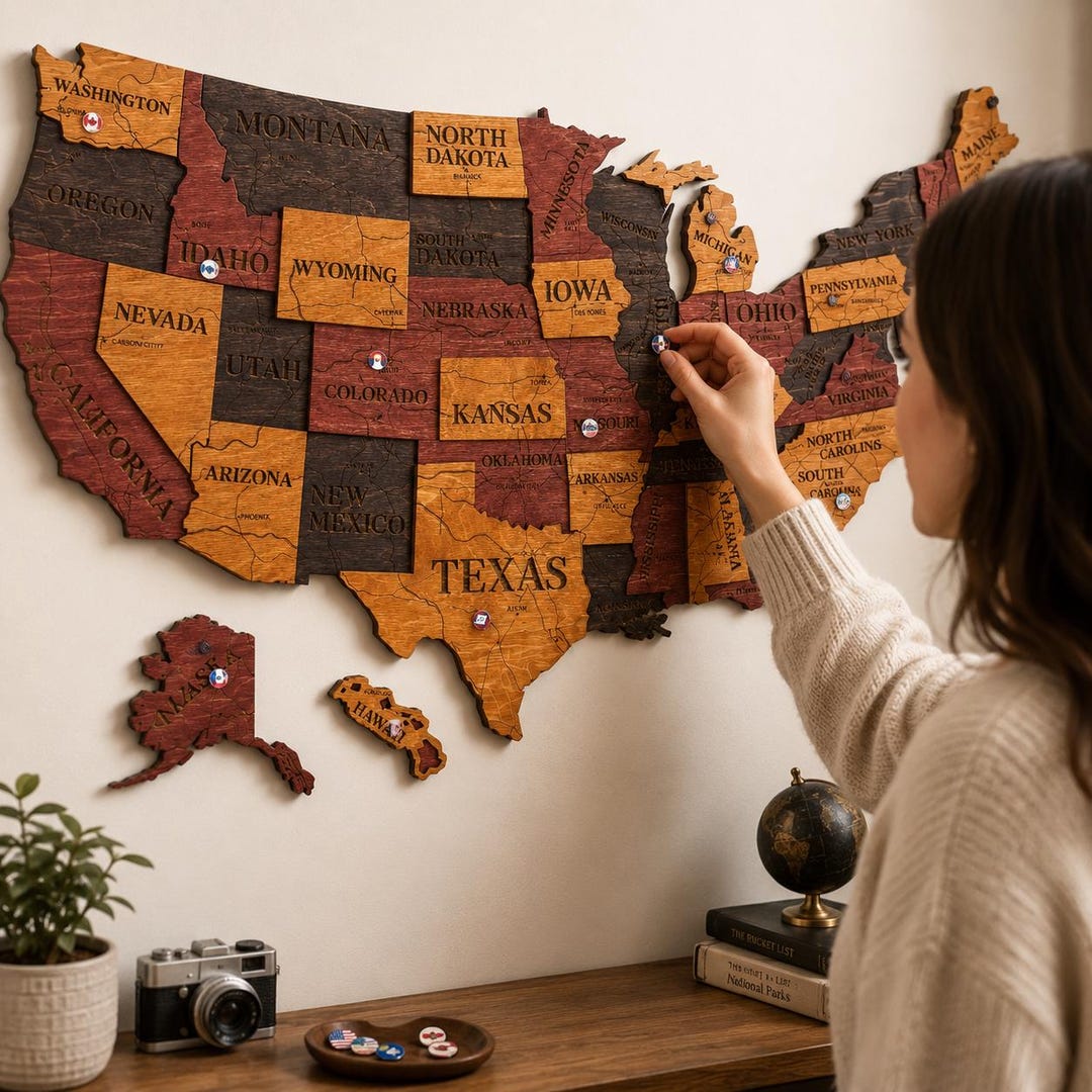 Wooden America Map, US Travel Map, Push Pin Map, United States Wall Art ...