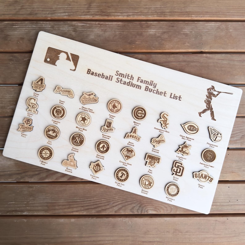 May include: A wooden board with a baseball theme. The board has a list of baseball stadiums with the team logos and names. The board is a great way to keep track of the stadiums you have visited or want to visit.