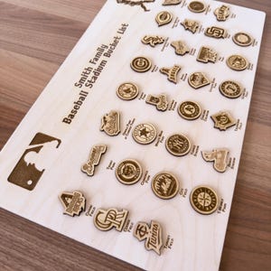 May include: A wooden board with a baseball theme, featuring a list of baseball stadiums with their team logos and names. The board is titled "Smith Family Baseball Stadium Bucket List".