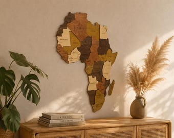Wooden Africa Map, Africa Travel Map, 3D Wood Wall Art, African Home Decor, New Apartment Gift, Housewarming Gift, Africa Wall Hanging