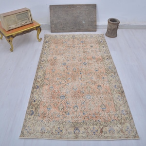 4x7 Oushak Rug: Vintage Turkish Wool Area Rug, Neutral Faded Design