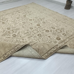 10x12 Vintage Turkish Rug: Neutral Beige Brown, Handwoven Wool & Cotton