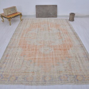 Alfombra Oushak turca vintage de gran tamaño (7x10): alfombra de salón de lana hecha a mano en tonos pastel