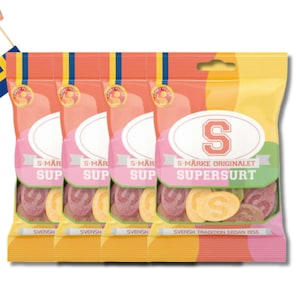 4 Bags of S-Märke Supersurt (super sour) 80g (2.82 Oz), swedish candy, sour candy, swedish food, fika, scandinavian candy