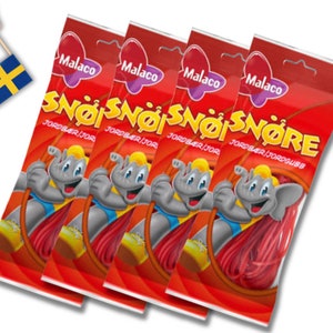 4 Beutel Malaco Snöre Erdbeere 94g, String Candy, schwedische Süßigkeit, schwedisches Essen, Erdbeer Süßigkeiten, Jordgubbe, bunte Süßigkeiten