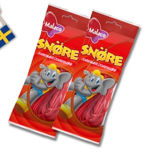2 Beutel Malaco Snöre Erdbeere 94g, String Candy, schwedische Süßigkeit, schwedisches Essen, Erdbeersüßigkeit, Jordgubbe, bunte Süßigkeiten