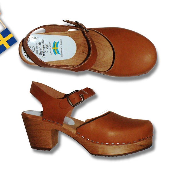 Schwedische Holz Clog Asia High Heel, braunes Leder, handgefertigt in Schweden, Svenska trätofflor, Bruna, handgjorda, Handarbeit