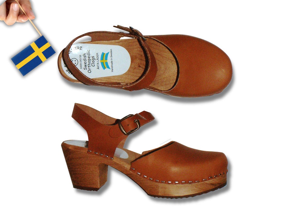 Sabots en bois suédois Asia Talon haut, cuir marron, Fabriqué à la