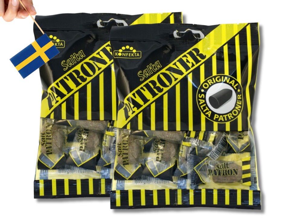 2 Bags of Konfekta Salta Patroner 90g (3.17 Oz), Salty Licorice, swedish candy, swedish food, fika, licorice candy, Licorice bullet, ammo